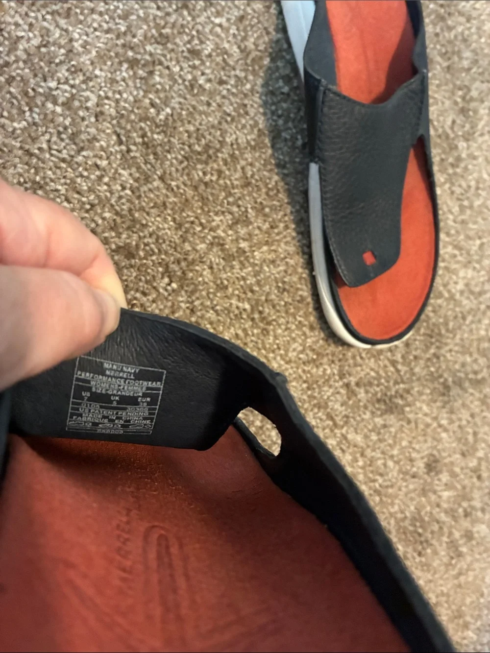 Merrell Manu  Navy Leather Slide Performance Sandals with Orange-Red Footbed